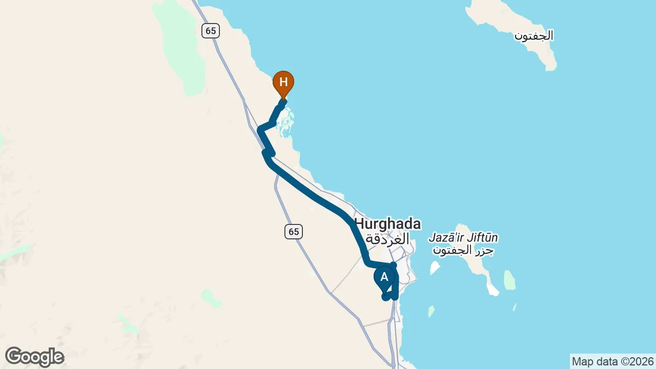 Driving route from Hurghada Airport to Mosaique Hotel El Gouna